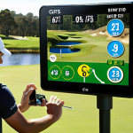 **Image**: A golfer using a GPS watch on a sunny golf course, with a clear display showing distances to the green, bunkers, and water hazards. Focus on ease of use and quick information.