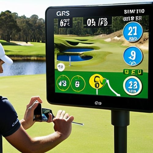 Home 11 **Image**: A golfer using a GPS watch on a sunny golf course, with a clear display showing distances to the green, bunkers, and water hazards. Focus on ease of use and quick information.