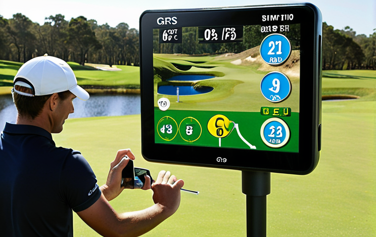 **Image**: A golfer using a GPS watch on a sunny golf course, with a clear display showing distances to the green, bunkers, and water hazards. Focus on ease of use and quick information.
